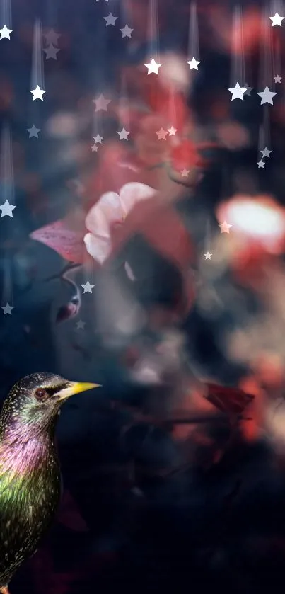 Bird with colorful feathers under a starry sky.