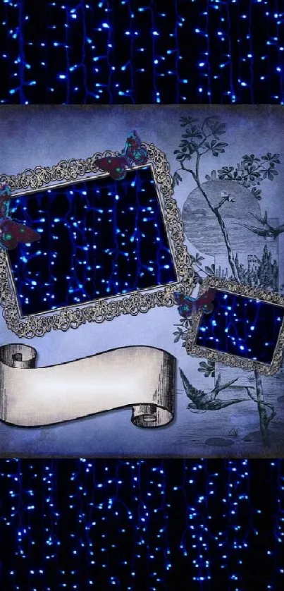 Blue starry lights mobile wallpaper with elegant frames.