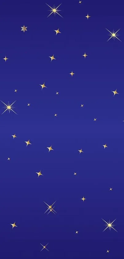 Starry night blue wallpaper with golden stars on a deep blue background.