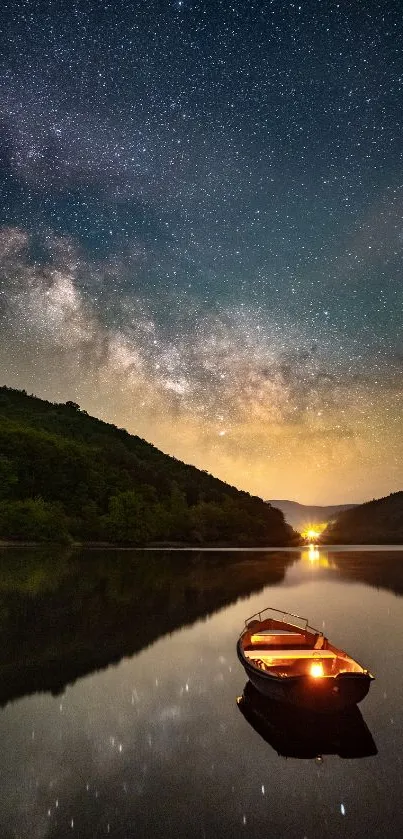 Boat on calm lake under starry night sky reflecting beautifully.