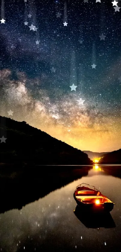 Boat on calm water under a starry night sky with a glowing reflection.