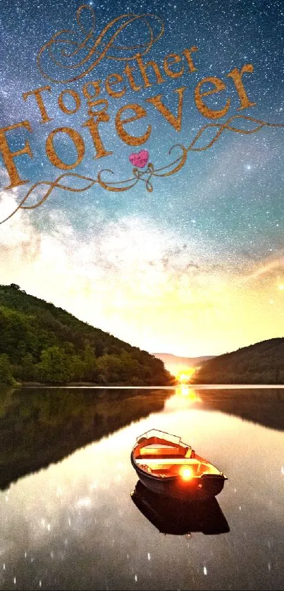 Romantic starry night wallpaper with boat and reflection on a tranquil lake.