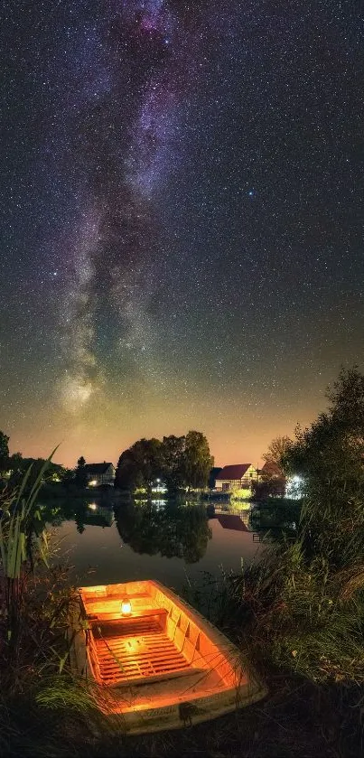 Starry night sky with boat reflecting on calm water.