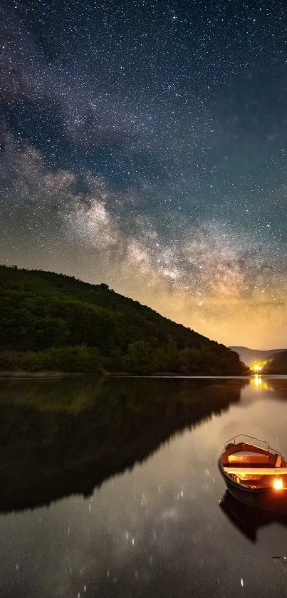 Starry night sky with a boat on a reflective lake.