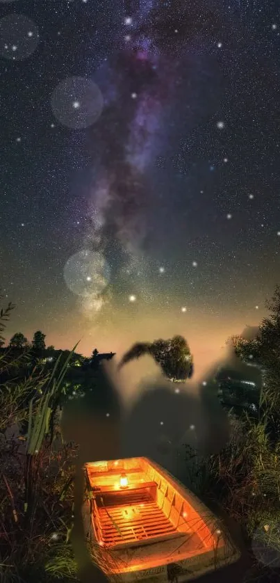 Starry night with a glowing boat under a galaxy-filled sky.