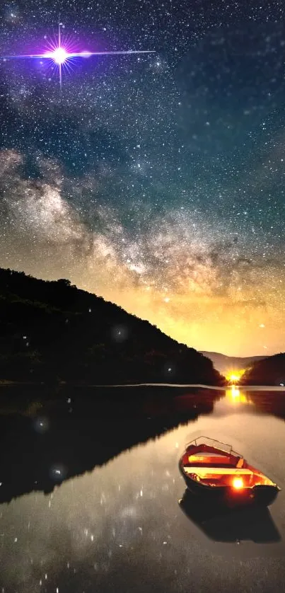 Starry night over a calm lake with an illuminated boat.