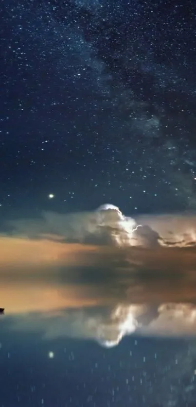 Starry night sky with boat reflecting on a calm lake.