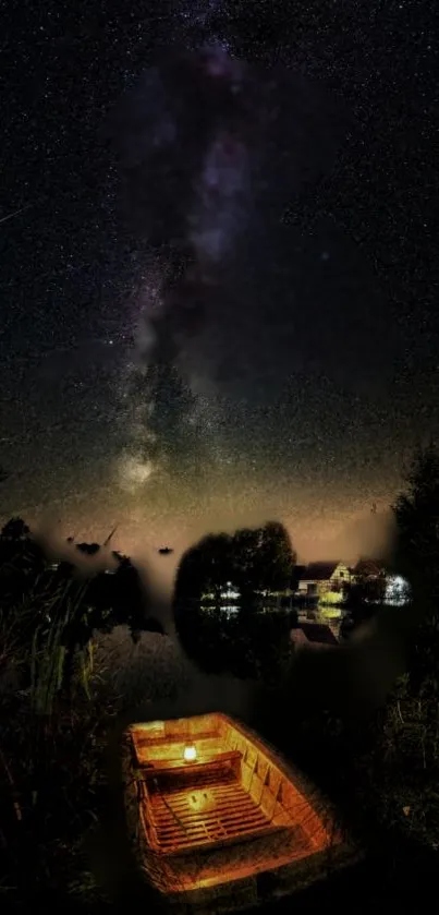 Wooden boat under a starry night sky reflected on calm waters.