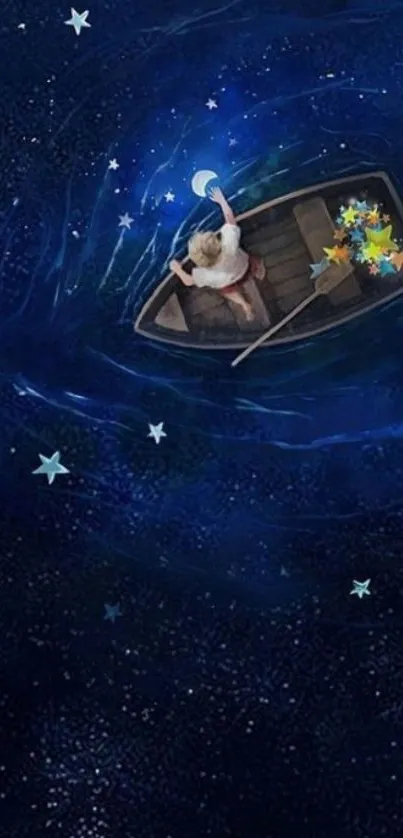 A whimsical boat journey under a starry night sky wallpaper.