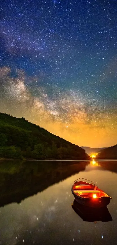 Starry night over a calm lake with single boat reflecting in the water.