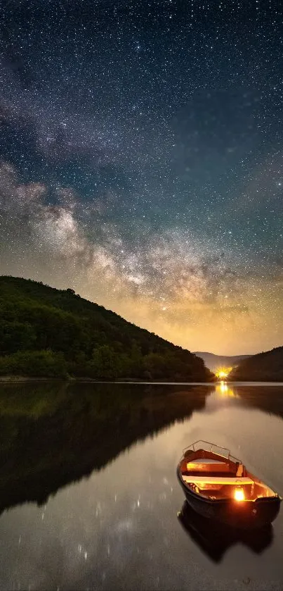 Boat under a starry sky with calm waters reflecting the night.