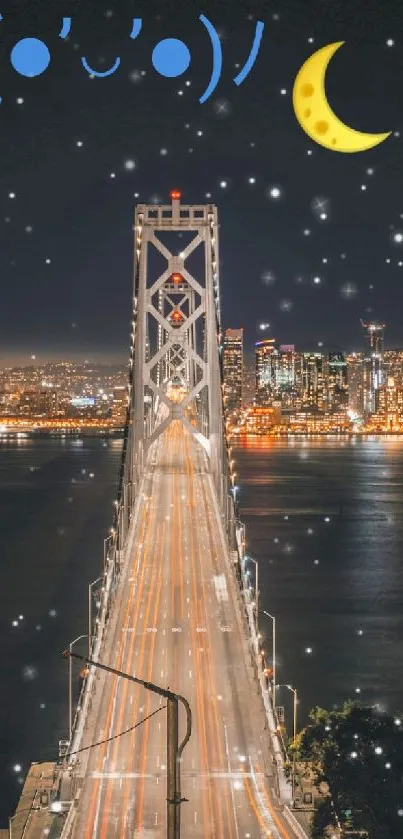 Bridge under a starry night sky with city lights and playful emojis.