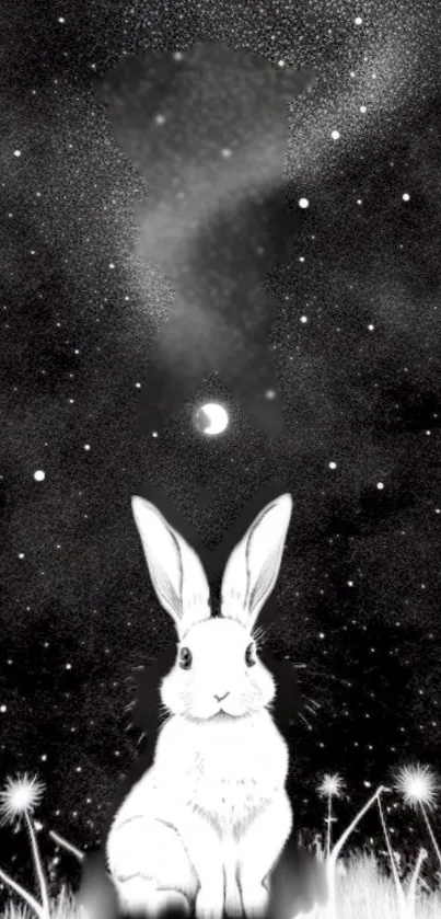 White rabbit under a starry night sky with a crescent moon.