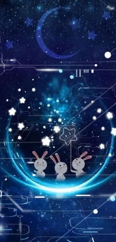 Cute bunnies under a starry night sky with a crescent moon.