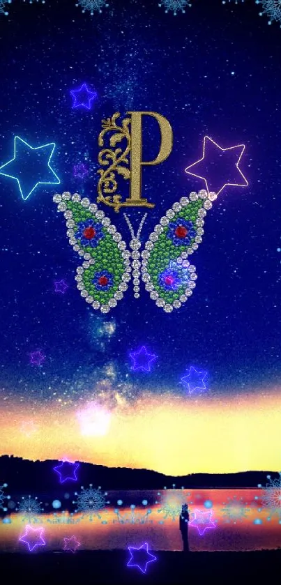 Jeweled butterfly on a starry night sky wallpaper with a golden "P" letter.