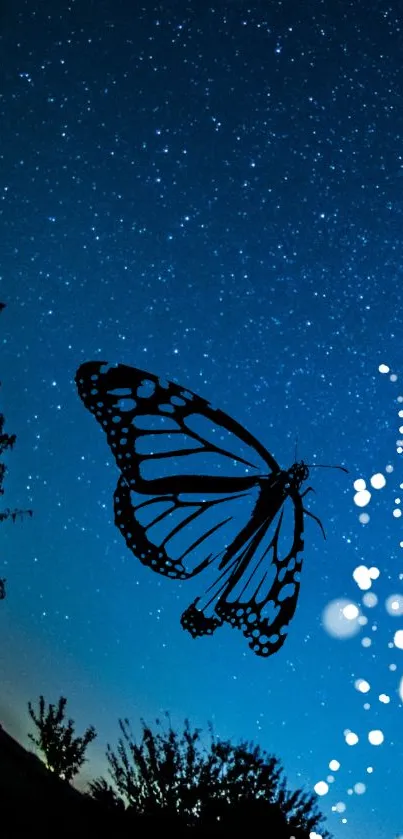 Silhouette of butterfly against starry night sky with bokeh lights.