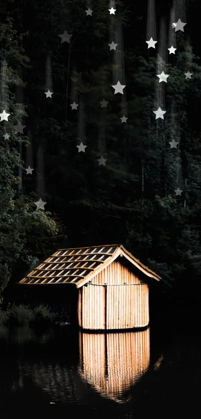 Cabin reflecting in water under a starry sky at night.