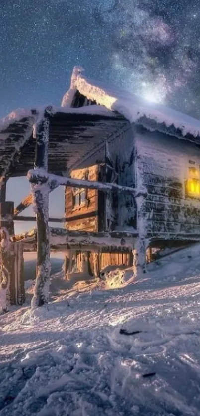 Snowy cabin under a starry night sky wallpaper.