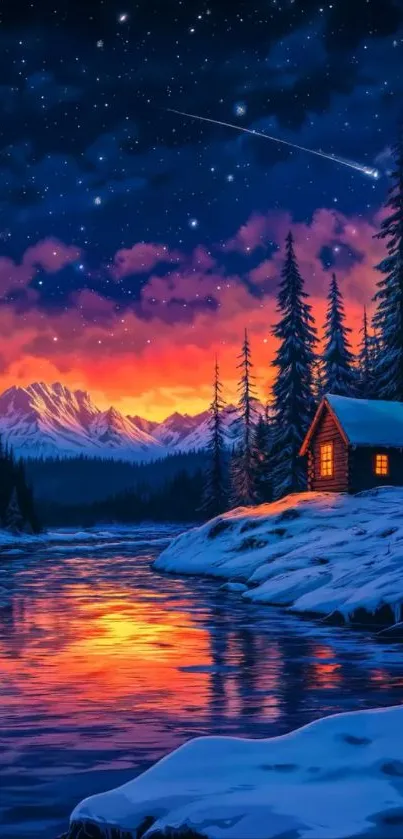 A cozy cabin by a snowy river under a colorful starry night sky.