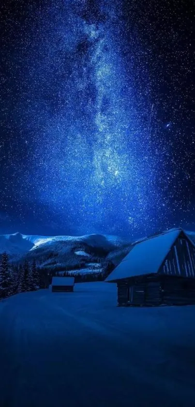 Starry night sky with cabin and mountains, perfect for phone wallpaper.