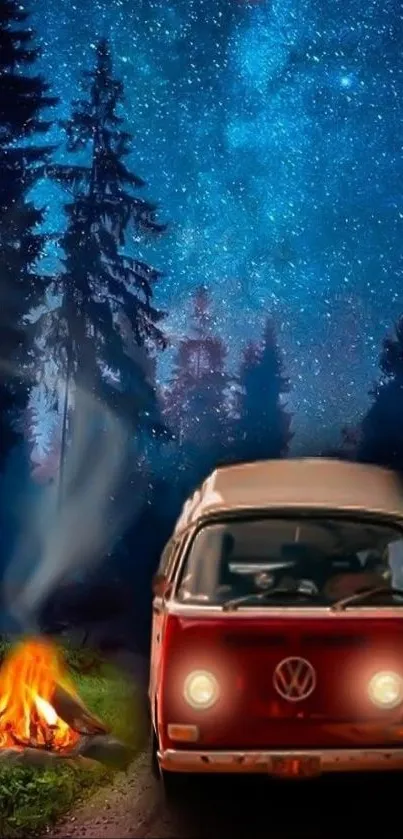 Van and campfire under a starry night sky in a forest setting.