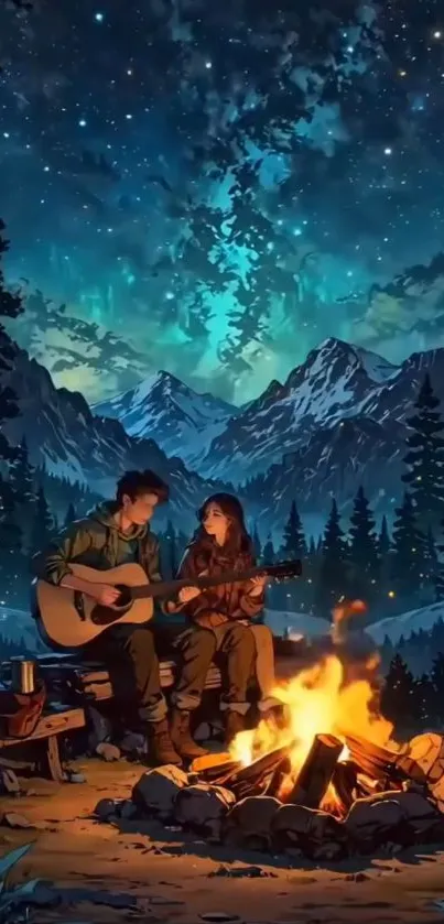 Couple enjoying campfire under starry night sky with mountains in the background.