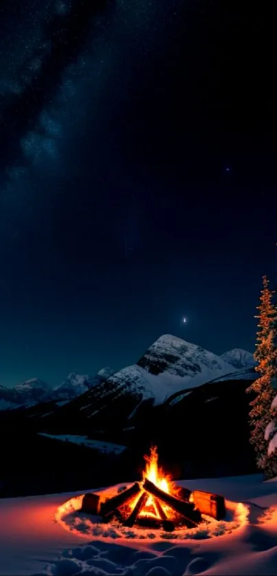 Starry night with campfire in snowy mountains.