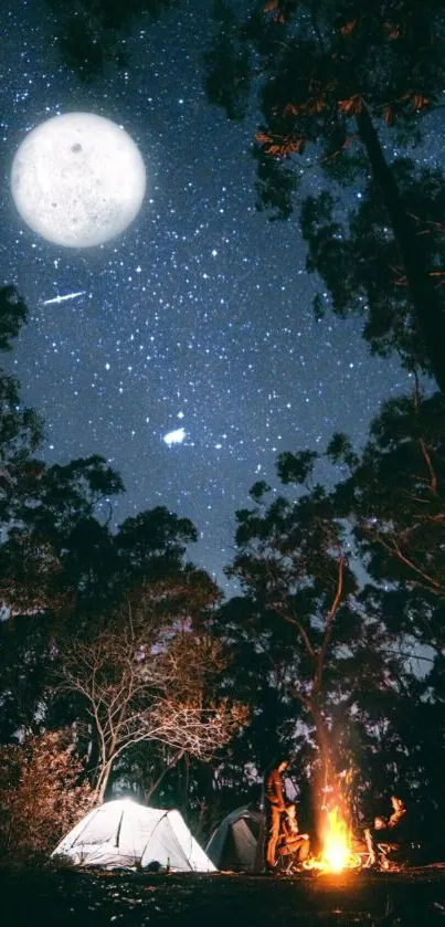 A starry night camping scene with a glowing moon, tents, and a cozy campfire.