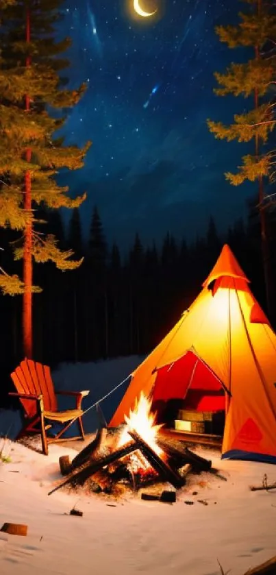 Campfire and tent under a starry winter sky.