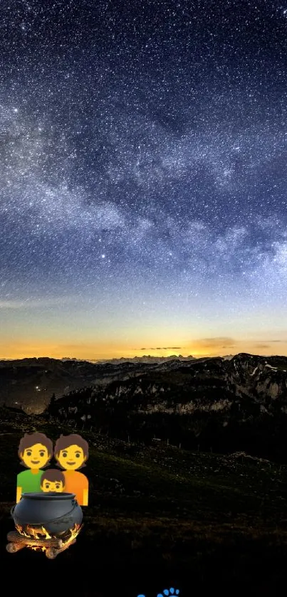 Starry night sky over mountains with camping symbol.