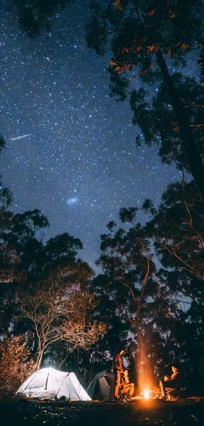 A serene campsite under a starry night sky with a glowing campfire.