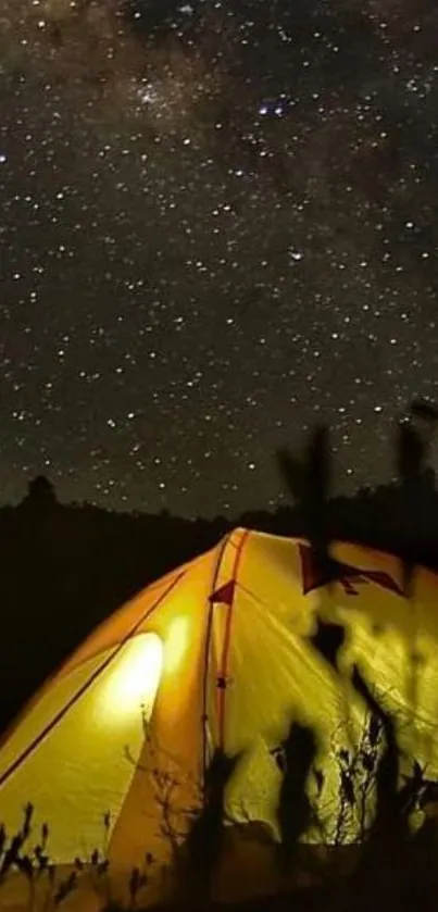 Tent illuminated under a starry night sky.