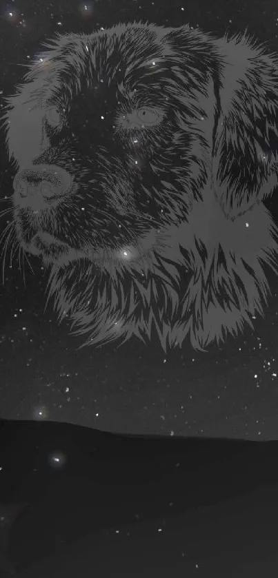 Dog sketch in a starry night sky.