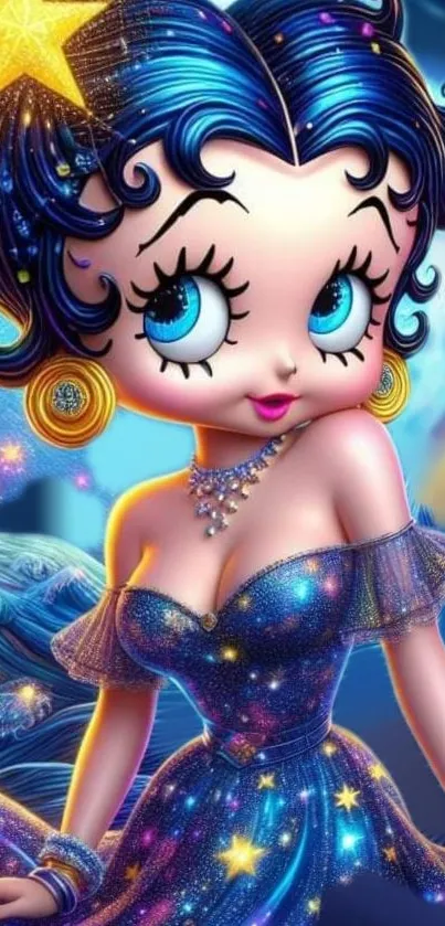 Cartoon character in sparkly blue dress with starry night theme.