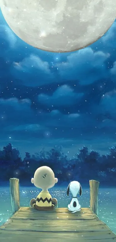 Cartoon characters sit on a dock under a starry night sky and large moon.