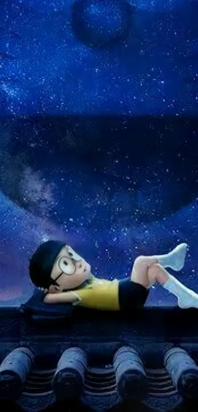 Cartoon character stargazes under starry sky in whimsical mobile wallpaper.