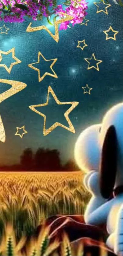 Cartoon character under starry sky in colorful night scene.