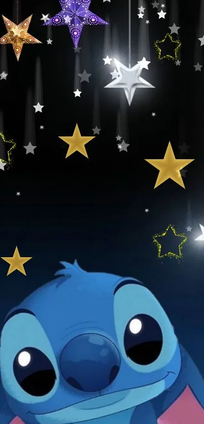 Cartoon blue character under starry night sky wallpaper.