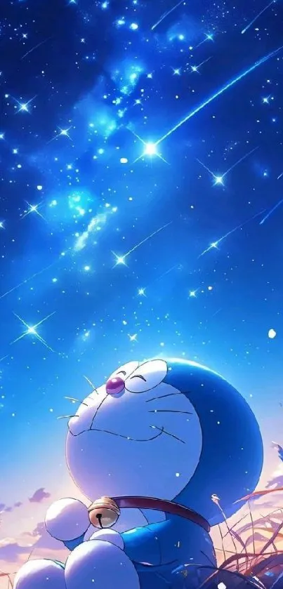 Anime character under a starry night sky, gazing upwards.