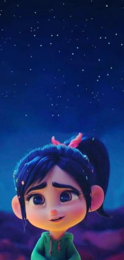 Cute cartoon character under a starry night sky, ideal for mobile wallpaper.