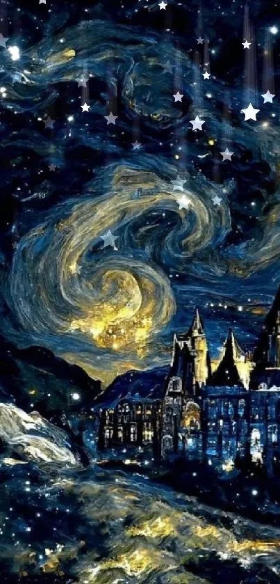 Starry night castle art with swirling galaxies in dark blue tones.