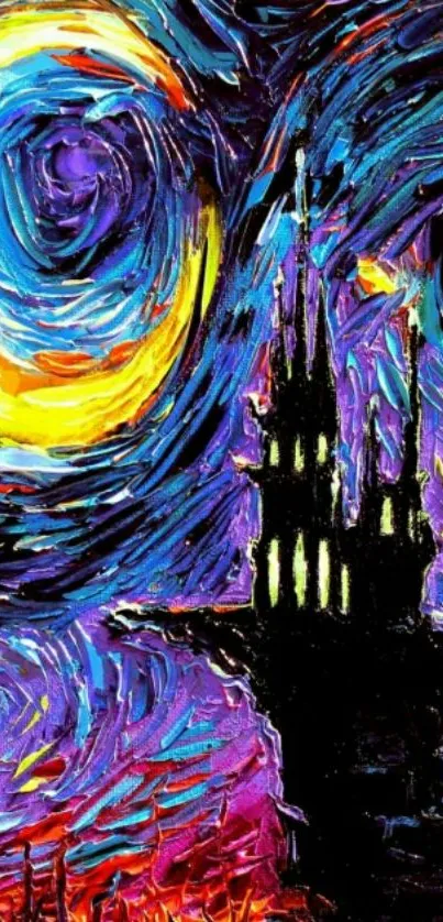 Vibrant starry night with castle silhouette in abstract art style.