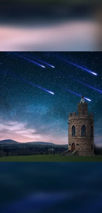 Starry night sky over a medieval castle landscape.