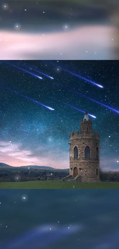 Starry night with shooting stars and an ancient castle.