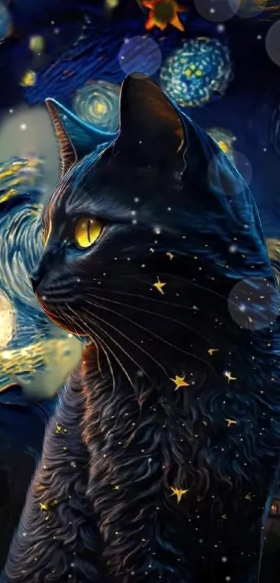 Dark cat with starry night background in Van Gogh style.