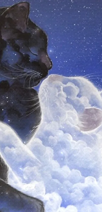 Two cats embrace under a starry sky, merging black and white forms against blue.