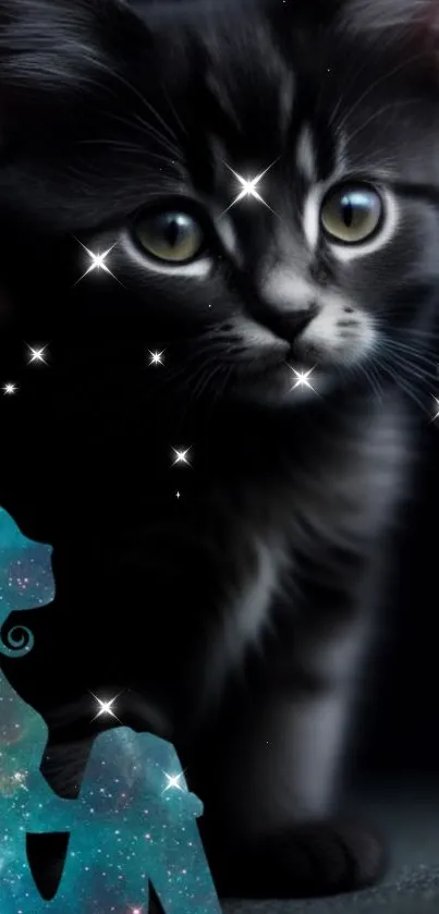 A kitten in starry fantasy with cosmic silhouette.