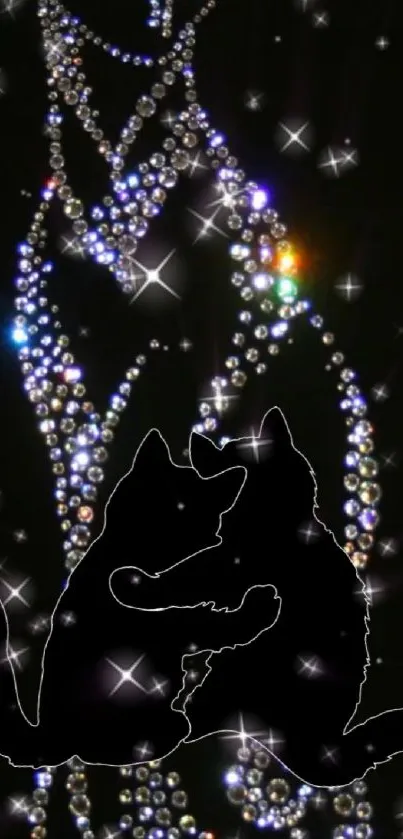 Romantic cat silhouette in a starry night background with glittering stars.