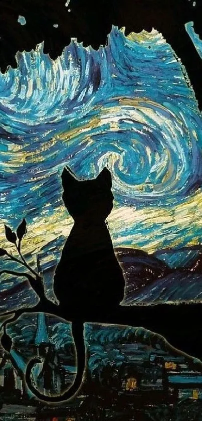 Cat silhouette with starry night sky background inspired by Van Gogh.