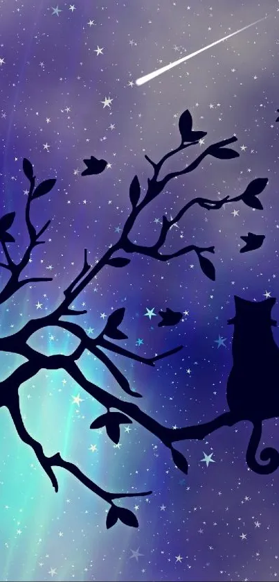 Silhouette of a cat on a branch against a starry, bluish-purple night sky.